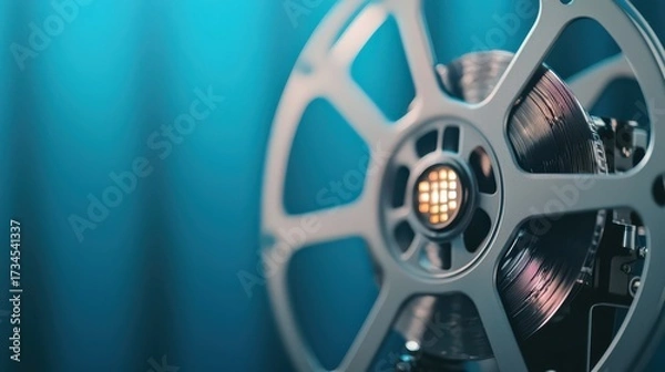 Fototapeta A close-up of a film reel highlighted by soft blue lighting, showcasing intricate details of the film and the reel's design.