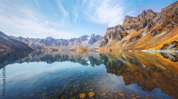 Obraz The Changbaishan Tianchi: A Majestic Volcanic Crater Lake on the China-North Korea Border in Jilin, China—Boasting Crystal-Clear Blue Water, Surrounded by Snow-Capped Peaks & Coniferous Forests, Ideal