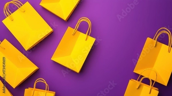 Fototapeta Bright yellow shopping bags scattered on a vibrant purple background create a dynamic and playful visual.