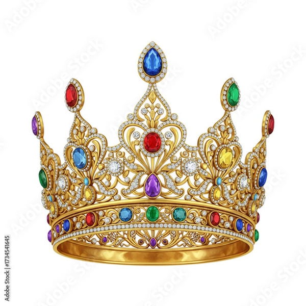 Fototapeta Ornate golden crown adorned with colorful gemstones on black background