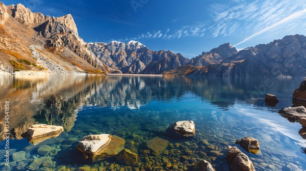 Obraz The Changbaishan Tianchi: A Majestic Volcanic Crater Lake on the China-North Korea Border in Jilin, China—Boasting Crystal-Clear Blue Water, Surrounded by Snow-Capped Peaks & Coniferous Forests, Ideal