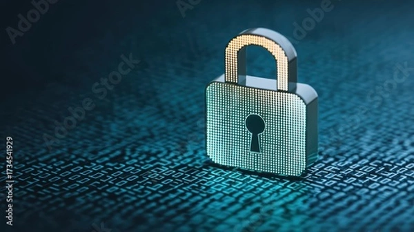 Fototapeta A digital padlock sits on a binary code background, symbolizing cybersecurity and data protection.