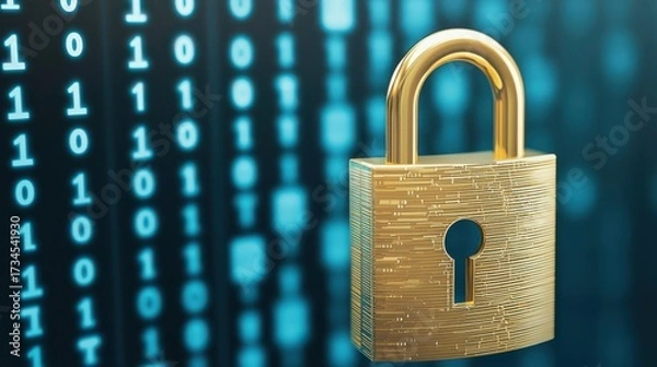 Fototapeta A golden padlock is prominently displayed in front of a backdrop of binary code, symbolizing cybersecurity and digital protection.