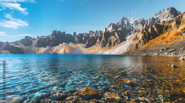 Obraz The Changbaishan Tianchi: A Majestic Volcanic Crater Lake on the China-North Korea Border in Jilin, China—Boasting Crystal-Clear Blue Water, Surrounded by Snow-Capped Peaks & Coniferous Forests, Ideal