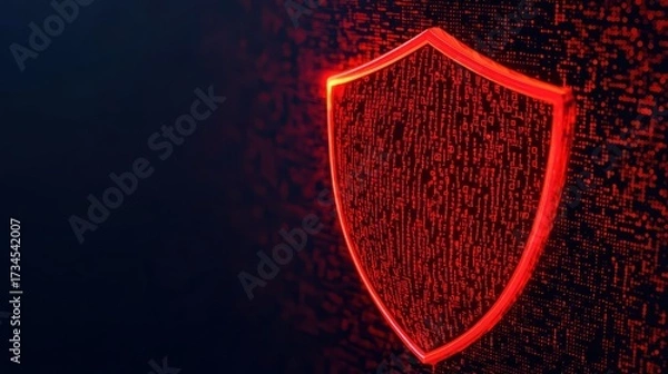 Fototapeta A glowing red shield symbol against a dark, digital background filled with binary code, representing cybersecurity and protection.