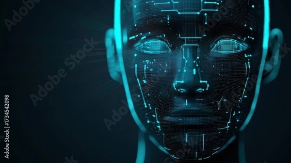 Fototapeta A futuristic digital face with glowing circuit patterns, symbolizing advanced technology and artificial intelligence.