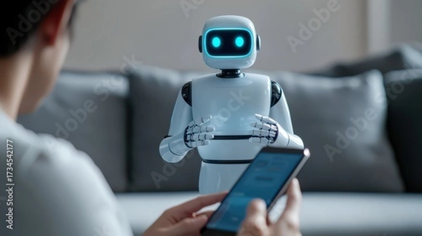 Fototapeta A humanoid robot interacts with a person holding a smartphone, showcasing advanced technology and human-robot communication in a modern living space.