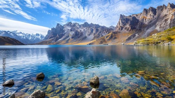 Obraz The Changbaishan Tianchi: A Majestic Volcanic Crater Lake on the China-North Korea Border in Jilin, China—Boasting Crystal-Clear Blue Water, Surrounded by Snow-Capped Peaks & Coniferous Forests, Ideal