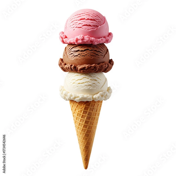 Fototapeta Triple scoop ice cream cone with strawberry chocolate and vanilla flavors
