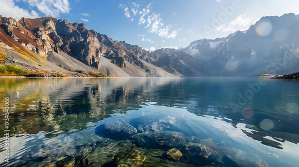 Obraz The Changbaishan Tianchi: A Majestic Volcanic Crater Lake on the China-North Korea Border in Jilin, China—Boasting Crystal-Clear Blue Water, Surrounded by Snow-Capped Peaks & Coniferous Forests, Ideal