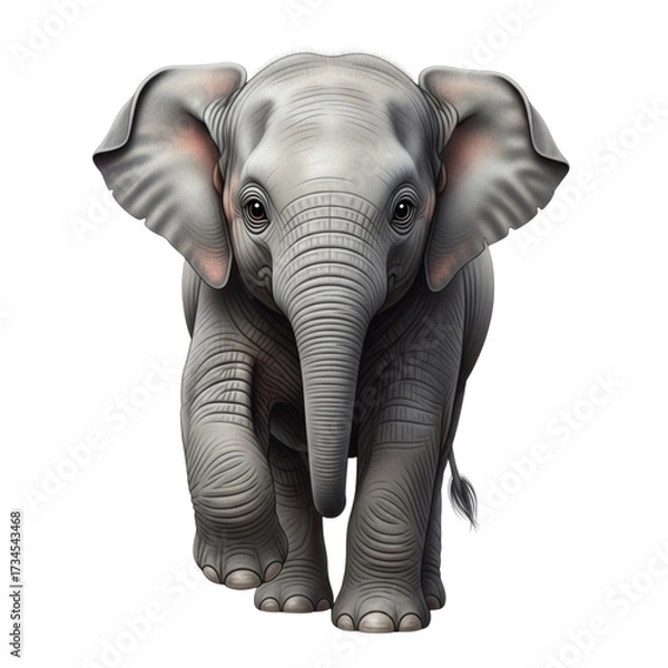 Fototapeta Adorable baby elephant with large ears walks forward on black background