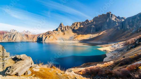 Obraz The Changbaishan Tianchi: A Majestic Volcanic Crater Lake on the China-North Korea Border in Jilin, China—Boasting Crystal-Clear Blue Water, Surrounded by Snow-Capped Peaks & Coniferous Forests, Ideal