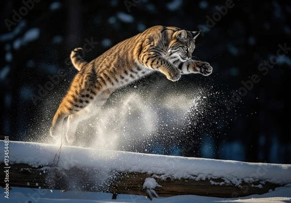 Obraz Wild bobcat jumping in fluffy powder snow and creating a dynamic splash in a winter forest