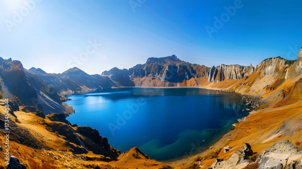 Obraz The Changbaishan Tianchi: A Majestic Volcanic Crater Lake on the China-North Korea Border in Jilin, China—Boasting Crystal-Clear Blue Water, Surrounded by Snow-Capped Peaks & Coniferous Forests, Ideal