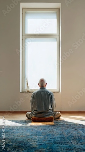 Fototapeta Serene Man Meditating on Yoga Mat in Minimalist Interior with Sunlight Streaming Through Window