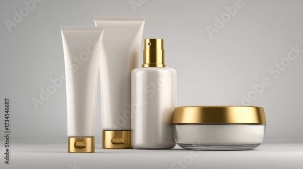 Fototapeta Four blank cosmetic containers in neutral tones with gold accents, on a gradient background