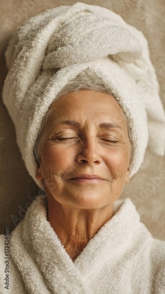 Fototapeta Woman Relaxing at Spa with Towel on Head, Enjoying Calming Treatment for Inner Peace and Wellness