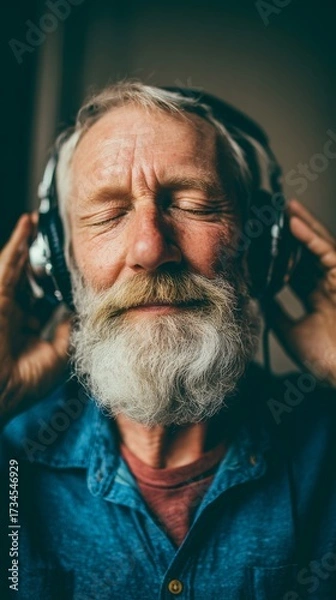 Fototapeta Relaxed Man Enjoying Music with Headphones in Calm and Peaceful Atmosphere