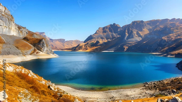 Obraz The Changbaishan Tianchi: A Majestic Volcanic Crater Lake on the China-North Korea Border in Jilin, China—Boasting Crystal-Clear Blue Water, Surrounded by Snow-Capped Peaks & Coniferous Forests, Ideal