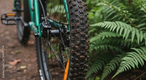 Fototapeta Close-up of mountain bike tire on forest trail
