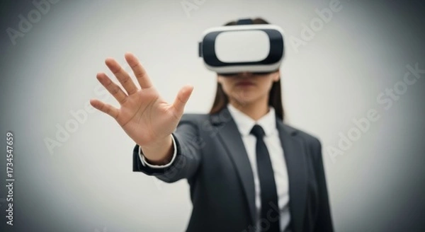 Fototapeta Asian female adult in suit using virtual reality headset with outstretched hand gesture