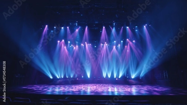 Fototapeta Vibrant Stage Lights Set Up for a Pitch Event with Colorful Illumination and Dramatic Atmosphere