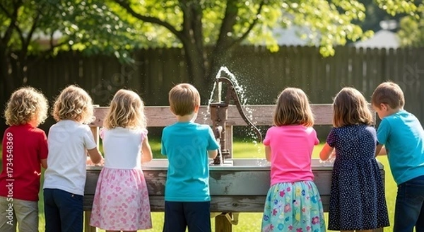 Obraz A group of young children stand in a row, seen from behind, playing with a splashing water pump outdoors.