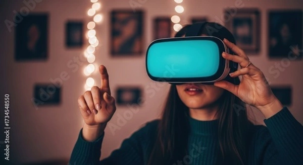 Fototapeta Young caucasian female exploring virtual reality with headset in a cozy room