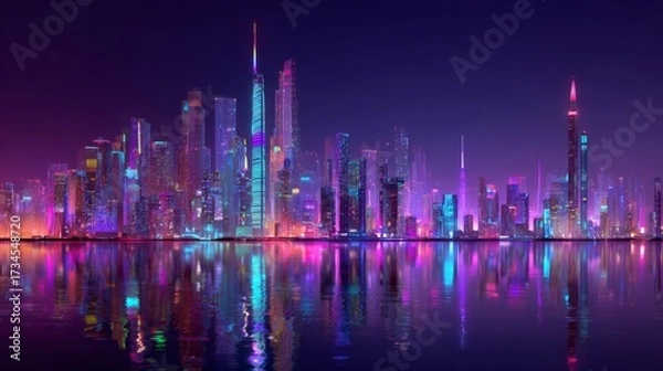 Fototapeta Vibrant Smart City Skyline Illuminated by Neon Lights at Night with Reflections on Water Surface