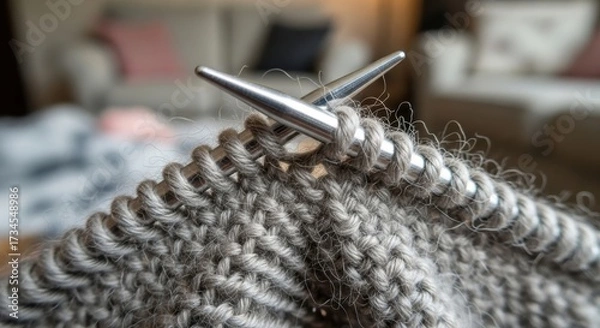 Fototapeta Close-up of knitting needles and grey yarn on cozy sofa