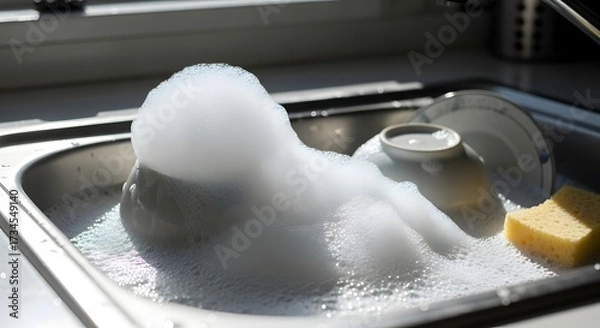 Obraz A kitchen sink filled with overflowing white suds and dishes, with a sponge resting on the side.