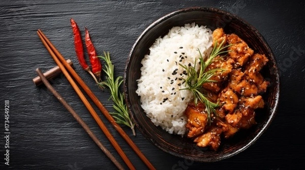 Fototapeta Delicious Asian Meal with Rice and Chicken, Served with Chopsticks from a Top View Perspective