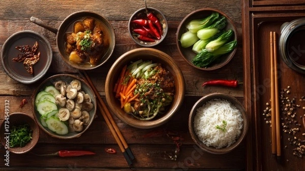 Fototapeta Asian Meal Enjoyed with Chopsticks from Top View Featuring Rice, Vegetables, and Spicy Ingredients on Rustic Wooden Table