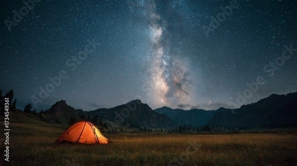 Fototapeta Serene Camping Experience in Nature: Tent Under a Starry Sky with Milky Way in the Background