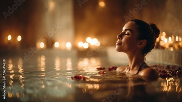 Fototapeta Serene Woman in Spa Setting Relaxing in Candlelight with Peaceful Ambiance and Flower Petals in Tranquil Bath