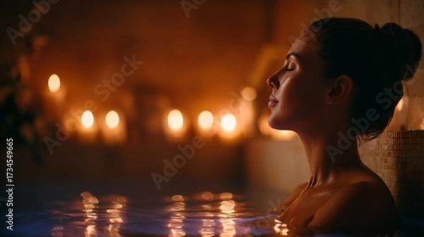 Fototapeta Tranquil Woman Enjoying a Relaxing Spa Experience in Serene Candlelit Environment