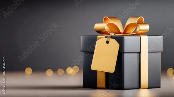 Fototapeta Elegant black gift box adorned with a golden ribbon and tag, symbolizing the excitement of Black Friday shopping and holiday gifting season