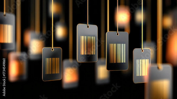 Fototapeta Hanging price tags with barcodes illuminated by soft glowing lights, creating a festive atmosphere for Black Friday shopping events