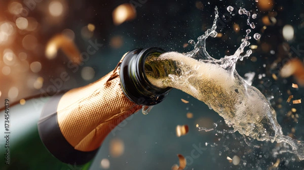 Fototapeta Champagne bottle is popping with sparkling liquid and bubbles, creating a festive atmosphere with golden confetti in the background for celebration