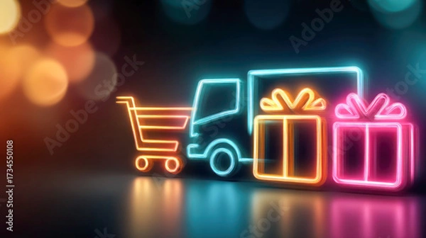 Fototapeta Neon illustration of shopping cart, delivery truck, and gift boxes, representing online shopping and e-commerce concept with vibrant colors