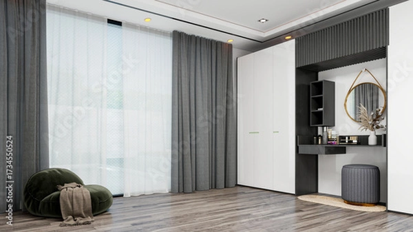 Fototapeta Modern Luxury Walk-In Closet Interior with Wardrobe and Dressing Table, 3D Rendering