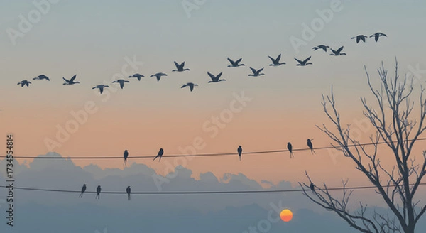 Fototapeta Migration season line-art. Flocks of geese flying in a V-shape, silhouettes of swallows on wires, and bare branches. Serene and minimalist style in shades of sky grey, slate blue, and a single warm su