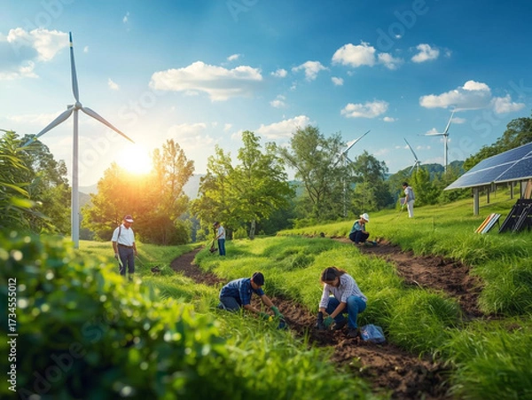 Obraz People planting trees in a green field with wind turbines and solar panels in the background, symbolizing renewable energy, sustainability, and environmental conservation.