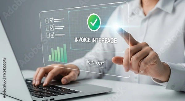Fototapeta Futuristic Invoice Interface Hologram with Business Professional Using Laptop