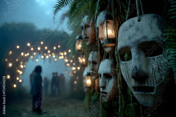 Fototapeta Mysterious outdoor scene with masks and lanterns at night creating an eerie atmosphere
