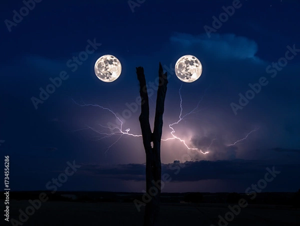 Obraz Two moons and lightning strike behind dead tree night