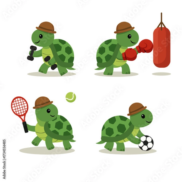 Fototapeta A turtle is involved in different sports. Vector illustration