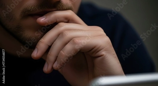 Fototapeta Contemplative adult caucasian male deep in thought with hand on chin