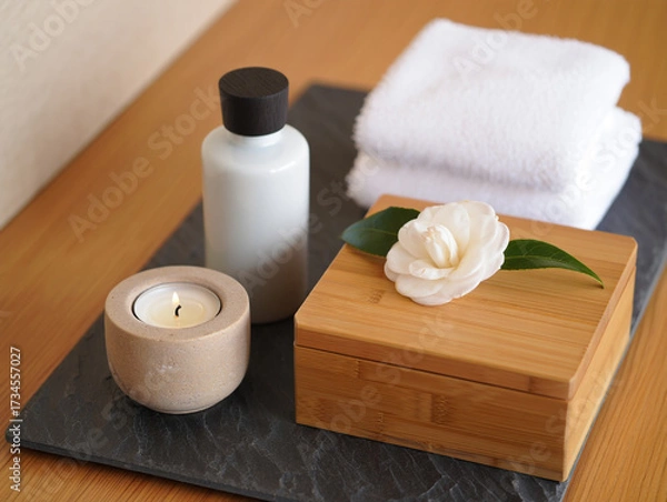 Obraz White camellia flower on wooden box with candle and lotion