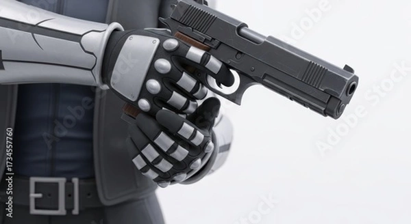 Fototapeta Futuristic robotic hands holding handgun in precision grip design
